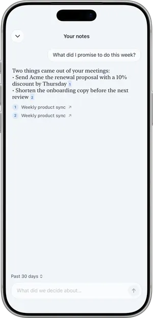 Ask in Nuvi: a question answered from past meetings, with the meetings cited