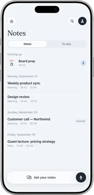 Nuvi home screen on iPhone: a list of notes and meetings by day, with an upcoming calendar meeting at the top
