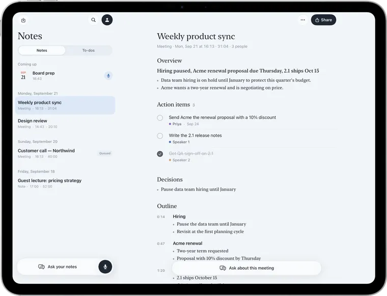 Nuvi on iPad in landscape: notes list on the left and a meeting summary on the right