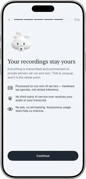 Nuvi onboarding privacy screen explaining that recordings are processed on servers the developer operates