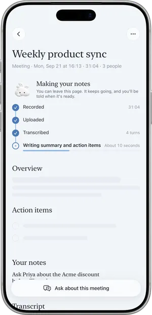 Nuvi working on a recording: recorded, uploaded, transcribed, writing summary and action items