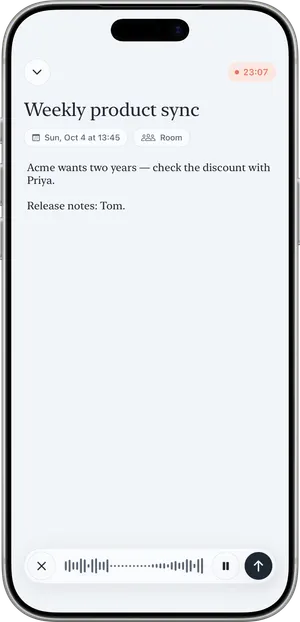 Nuvi recording a meeting on iPhone, with typed notes above a live waveform