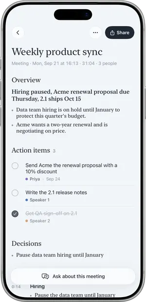 A meeting summary in Nuvi on iPhone: overview, action items with owners and due dates, and decisions