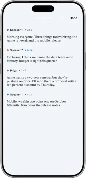 A transcript in Nuvi with each speaker on their own line and a timestamp