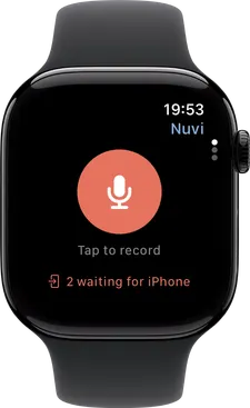 Nuvi on Apple Watch: a large record button with "Tap to record"