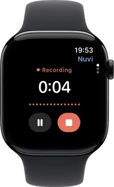 Nuvi recording on Apple Watch with elapsed time, pause and stop